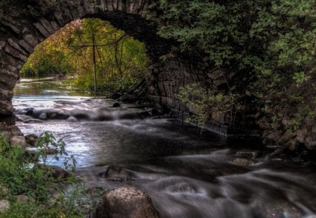 stream under old arched brick bridge - arch, trees, strea, bridge, rocks