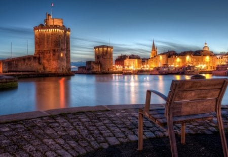 wonderful view of a fort at the mouth of a harbor hdr - town, lights, fort, harbor, chair, hdr