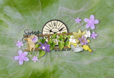 Spring is in the Air - fan, bunny, spring, white, rabbit, purple, yellow, pretty, beautiful, clock, green, flowers, cute