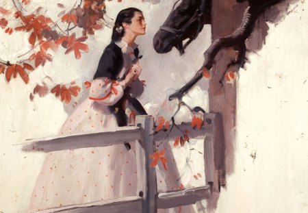 A lady and her horse - beauty, woman, autumn, lady, girl, leaf, black, painting, white, art, draw, horse, animal, orange, dress