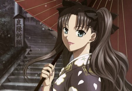 Tohsaka Rin - anime, female, tohsaka rin, dress, long hair, rin, staircase, umbrella, rain, tohsaka, raining, gown, anime girl, water, hot, girl, wet, rin tohsaka, brown hair, cute, stair, sexy, fate stay night