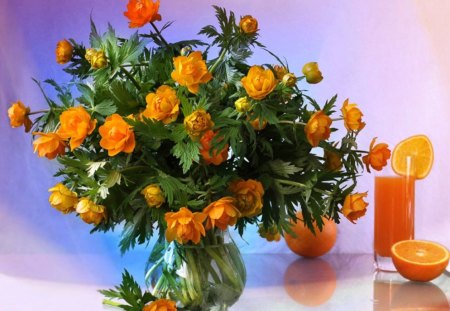 Orange - vitamins, beauty, drink, glass, still life, fruit, vase, juice, nature, taste, aroma, orange, flowers