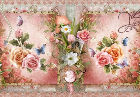 Vintage - roses, amore, rose, carte, nature, fleur, vintage, pink, flowers