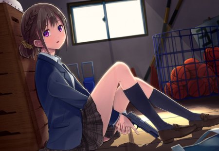 Hiding Place for Mission - anime, female, window, store, room, long hair, uniform, pistol, weapon, anime girl, ball, hot, gun, girl, brown hair, braids, cute, sexy, basketball