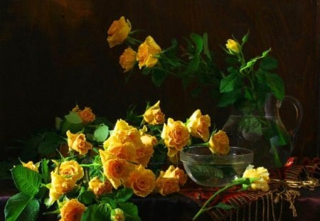 Yellow roses from garden - vase, roses, delicate, yellow, beautiful, buds, table, freshness, petals, blooming, flowers, fresh, nature, garden