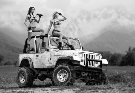 outdoor - fun, wp, photography, outdoor, girls, black, jeep, white, bw