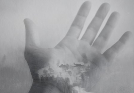 Internal landscape - hands, landscape, photography, wp, bw, black, white, imaginary, art