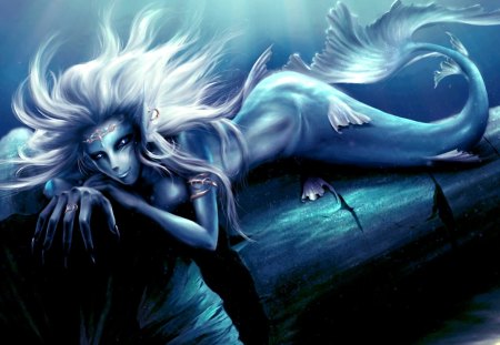 MARINE BEAUTY - jewelry, female, long hair, water, solo, fantasy, underwater, earrings, mermaid, body piercing, smile, white hair