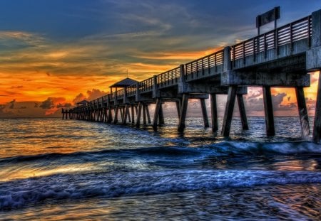 fabulous sea pier hdr - pier, beach, sunset, hdr, sea, waves