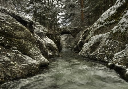 stone bridge over river gorge - rocks, river, gorge, bridge, trees