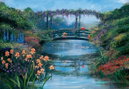 THE BRIDGE OF FLOWERS - home, landscape, river, 3d, flowers, bridge