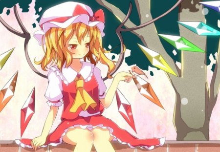 Flandre Scarlet - bird, anime, female, wing, dress, blonde, blond hair, long hair, touhou, blond, hat, anime girl, girl, blonde hair, cap, tree, wings, fairy