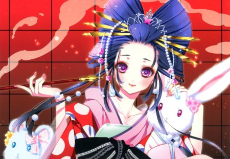 Geisha - purple eyes, cute, beauty, beautiful, hot, anime, yukata, anime girl, ribbon, long hair, geisha, sexy, female, kimono, blue hair