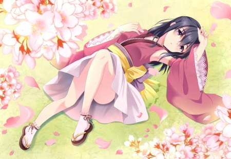 Under Cherry Blossom - female, hot, anime girl, cherry blossom, petals, anime, sakura blossom, cute, sexy, girl, lying, long hair, floral, sakura, tired, blossom, rest, flower