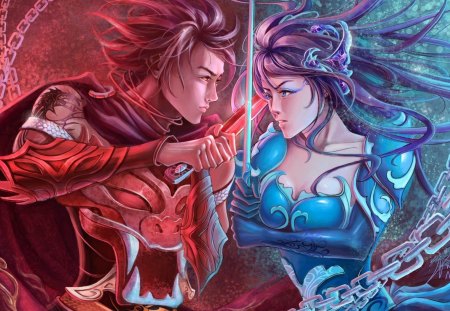 Fantasy couple - blue, girl, sword, beauty, love, light, pink, man, boy, prince, fantasy, purple, red, woman, princess, couple