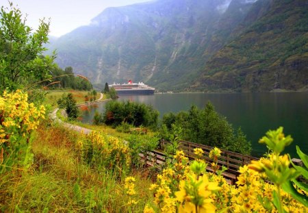 Norway - nice, trees, riverbank, rocks, norway, pretty, reflection, walk, river, grass, cliffs, lake, fence, mountain, travel, hills, shore, lovely, nature, ship, beautiful, flowers, wildflowers, europe