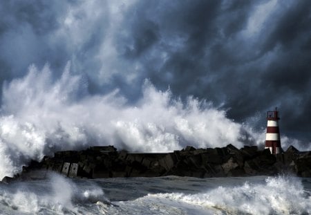 beacon on sea barrier - beacon, clouds, barrier, sea, waves