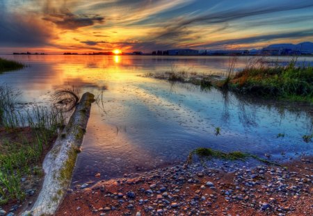 sunset on a serene bay shore hdr - shore, sunset, log, hdr, bay