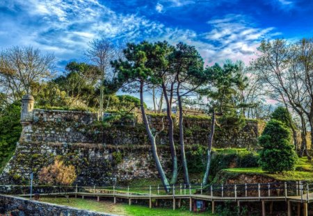 walkway by a castle wall hdr - clouds, trees, hdr, walkway, castle, wall