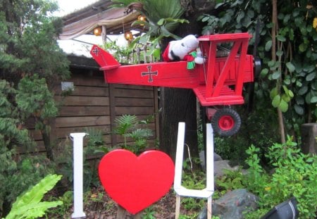 Garden Restaurant - garden, restaurant, cute, wooden airplane, snoopy