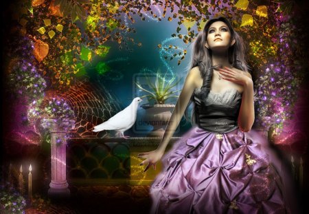 ~Colombania of Emotional~ - pretty, birds, female, dove, photomanipulation, emotional, flowers, plants, face, women, sparkle, digital art, colors, hair, candlelight, girls, lips, wings, Colombania, animals, dress, eyes, leaves, candles, trees, beautiful, models, cool, lovely, sweet, colorful, ivy, fantasy, shine