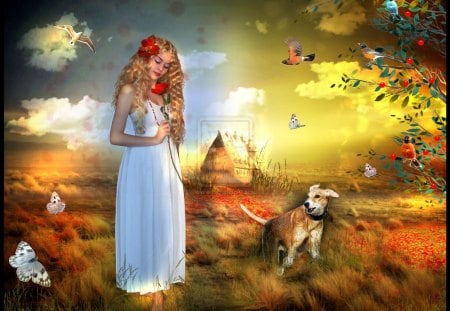 ~The Scent of Rose~ - pretty, birds, female, photomanipulation, light, scents, flowers, plants, face, fruits, women, red rose, digital art, colors, love, hair, girls, lips, wings, butterfly, cute, animals, butterflies, splendor, dress, flying, eyes, grass, leaves, splendid, dogs, puppy, sky, clouds, cherries, trees, beautiful, fragrance, models, cool, lovely, sweet, colorful, fantasy, rose, shine