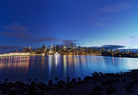 vancouver across the bay at dusk - city, bay, lights, dusk