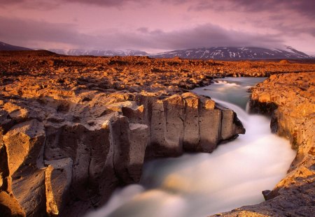 amazing river gorge through rock field - clouds, river, mist, mountains, gorge, rocks