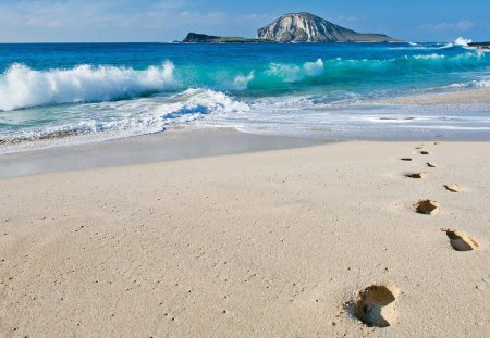 footprints on a beach - beach, waves, island, sea, footprints