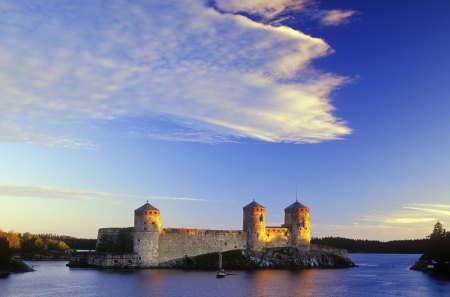 gorgeous castle on lake island in finland - island, lake, castle, clouds