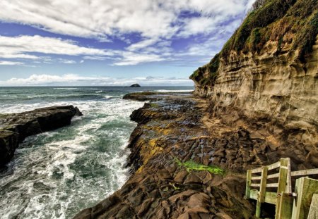 ramp to a rough seashore hdr - clouds, cliff, ramp, hdr, shore, sea, rocks