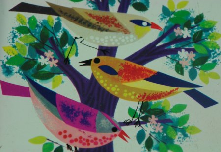 Colorful Birds - flowers, colorful, fantasy, birds, tree, pottery, painted