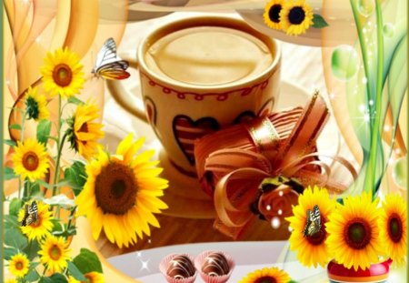 Good morning! - candy, sunflowers, butterfly, coffee