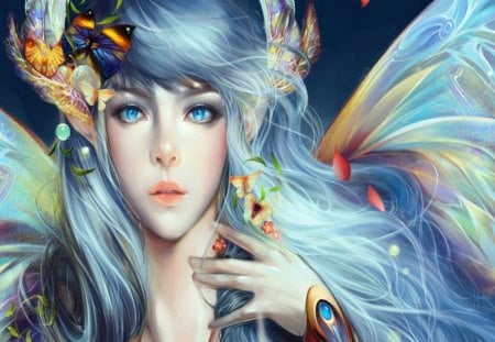 perfect world - blue pearls, fantasy, beautiful fairy, butterflies