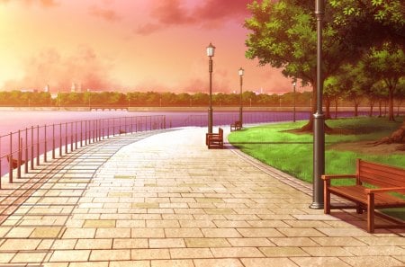 Anime Scenic - pretty, anime, scenery, scene, lamp, plant, bench, nice, sky, water, beautiful, scenic, beauty, lovely, tree, nature, cloud, park