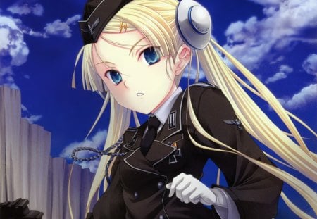 Officer Chan - anime, female, blonde, blond hair, long hair, uniform, blond, sky, hat, anime girl, hot, girl, blonde hair, cap, cloud, cute, sexy