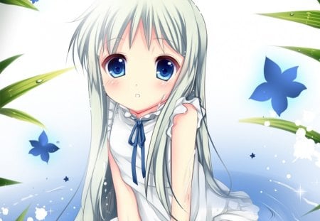 Meiko Honma - female, sundress, water, anime girl, anime, grass, silver hair, cute, girl, blue eyes, long hair, wet, kawaii, floral, white hair, flower, dress