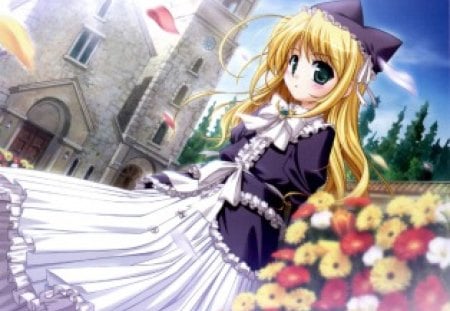 Church - sky, female, blond, anime girl, blond hair, cloud, blonde hair, petals, anime, house, cute, building, girl, long hair, kawaii, floral, church, blossom, flower, dress, blonde