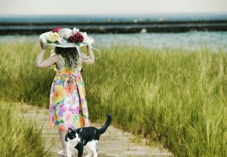 Little girl w/her cat - cat, girl, little, grass