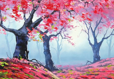 Trees w/colorful leaves - leaves, trees, paintings, colorful