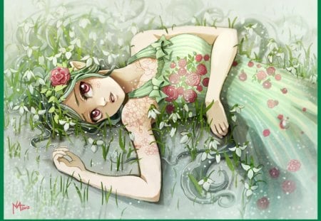 SnowDrop - nice, beauty, female, hot, anime girl, red eyes, pretty, snowdrop, anime, green, cute, sexy, lying, girl, long hair, gown, lovely, floral, beautiful, blossom, sweet, green hair, dress, flower