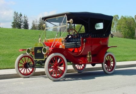 Funny Oldie - red, ford, car, road, black, vehicle, wheels