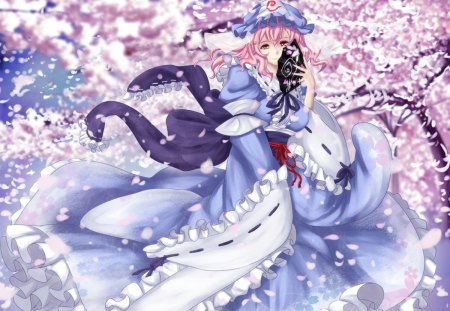 Saigyouji Yuyuko - saigyouji yuyuko, anime, female, blue, blossom, dress, pink, long hair, touhou, pink hair, anime girl, hot, girl, flower, petals, cute, floral, sexy