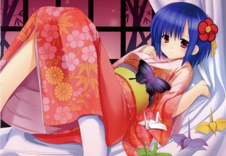 Paper Crane - paper, cute, short hair, origami, hot, anime, yukata, anime girl, girl, paper crane, crane, sexy, female, kimono, blue hair