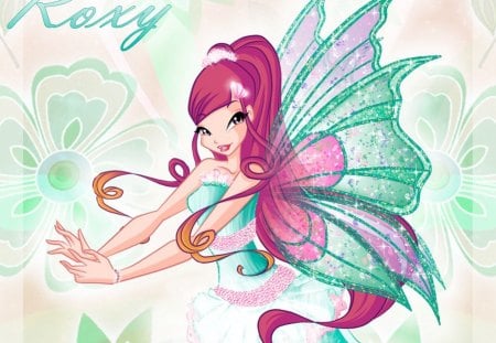 Harmonix - roxy, female, wings, anime girl, anime, winxclub, girl, cartoon, long hair, gown, floral, winx club, wing, fairy, flower, winx, dress