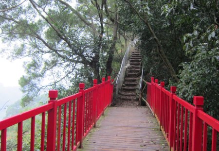 Mountain trail - red, wooden railing, mountain, trail