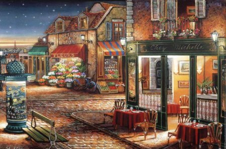 Painting - market, street, beautiful, rest, view, coffee, city, pretty, evening, flowers, love, romance, cafe, art, restaurant, town, paris, nice, lovely, romantic, painting