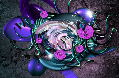 ღ.Rose in Metamorphosis.ღ - pretty, roses, butterflies, light, flowers, style, butterfly designs, designs, purple, sparkle, beautiful, photoshop, digital art, 3 Dimentional, HD, colors, lovely, cool, sweet, metamorphosis, colorful, bright, creation, butterfly, cute, chic