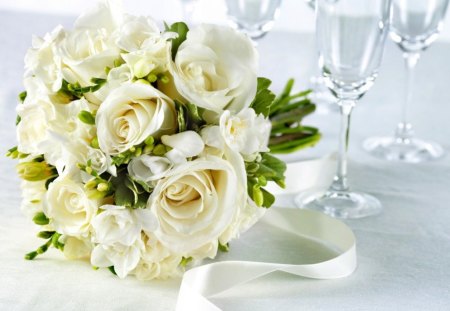 White bouquet - bouquet, flowers, rose, ribbons