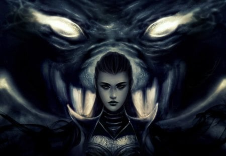 The Demon - demon, dark, girl, eyes, blue, art, white, warrior, creature, fighter, fantasy, light, armor, dragon, princess, woman